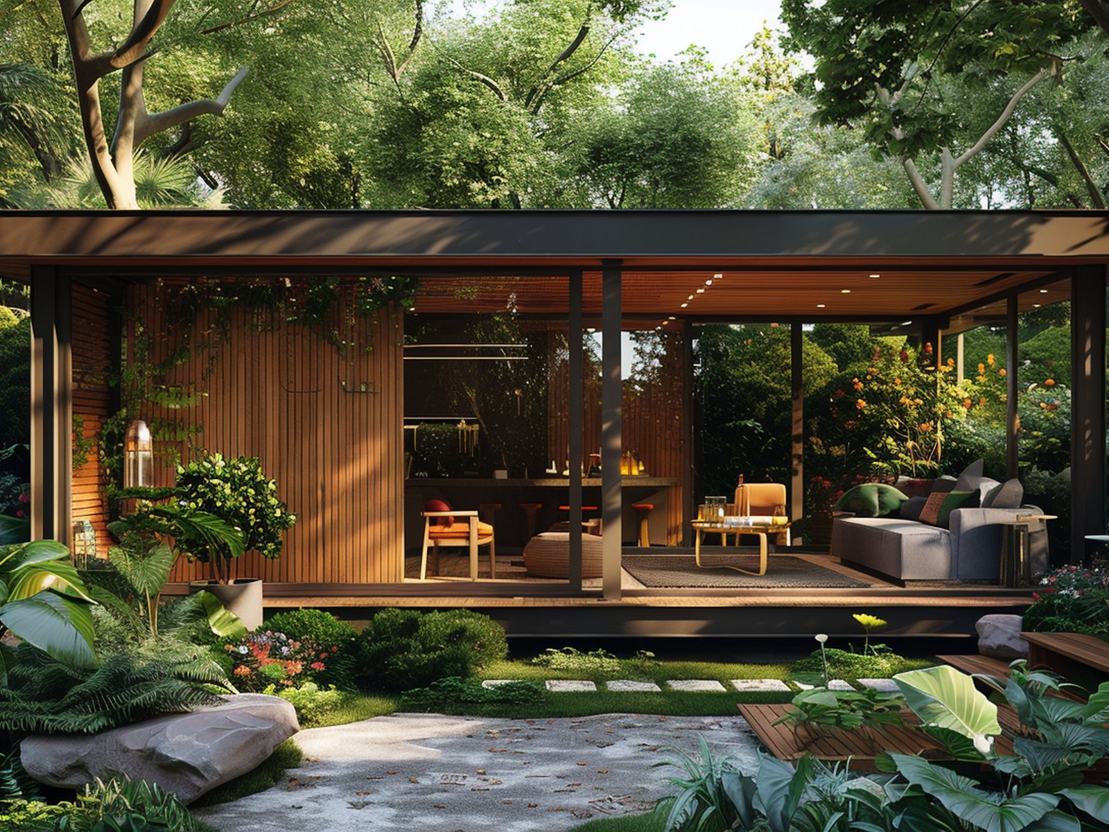 Contemporary timber garden room set within a lush landscaped garden