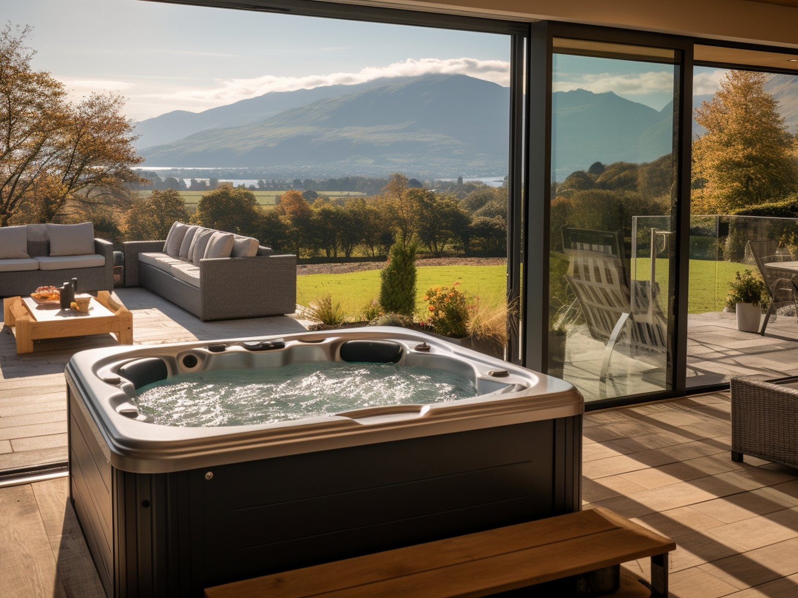 Interior garden room looking out onto a terrace and mountain view