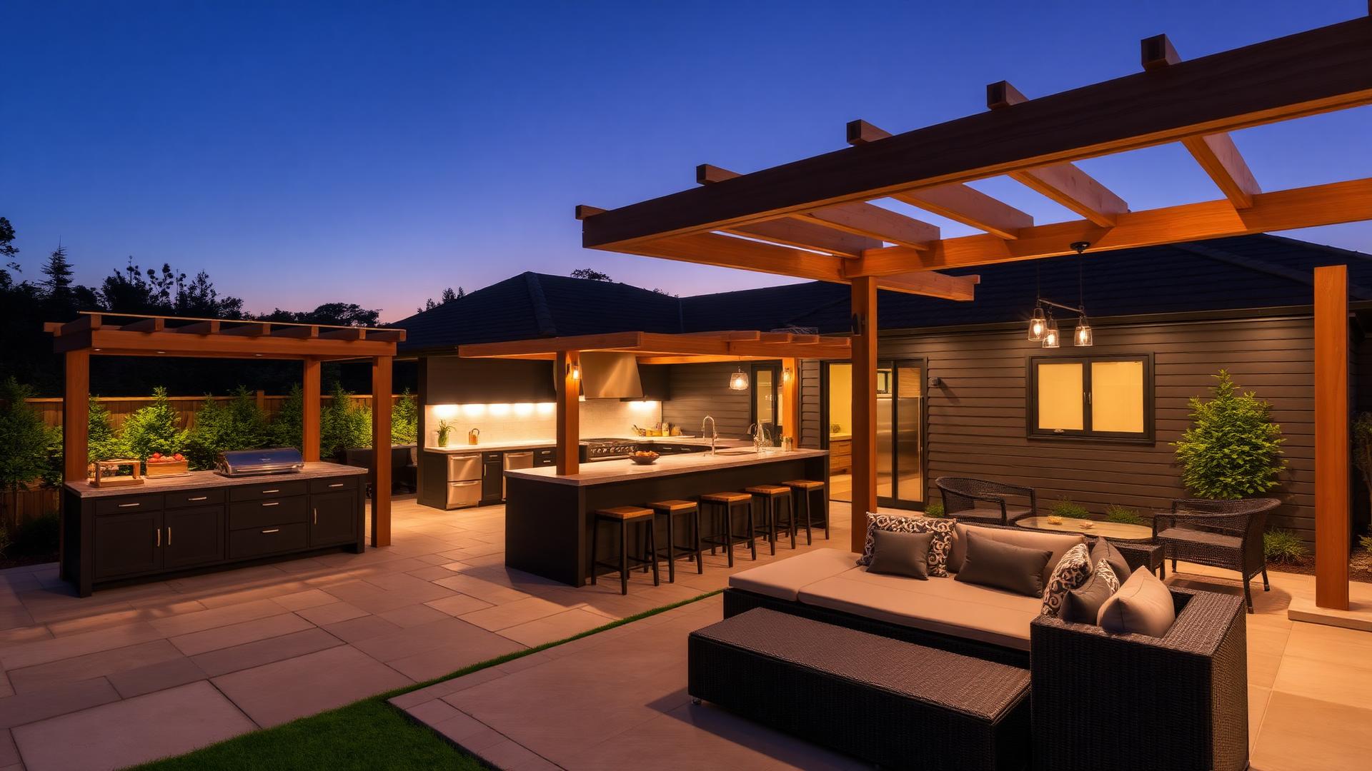 Luxury outdoor garden kitchen with pergola and lounge area at twilight