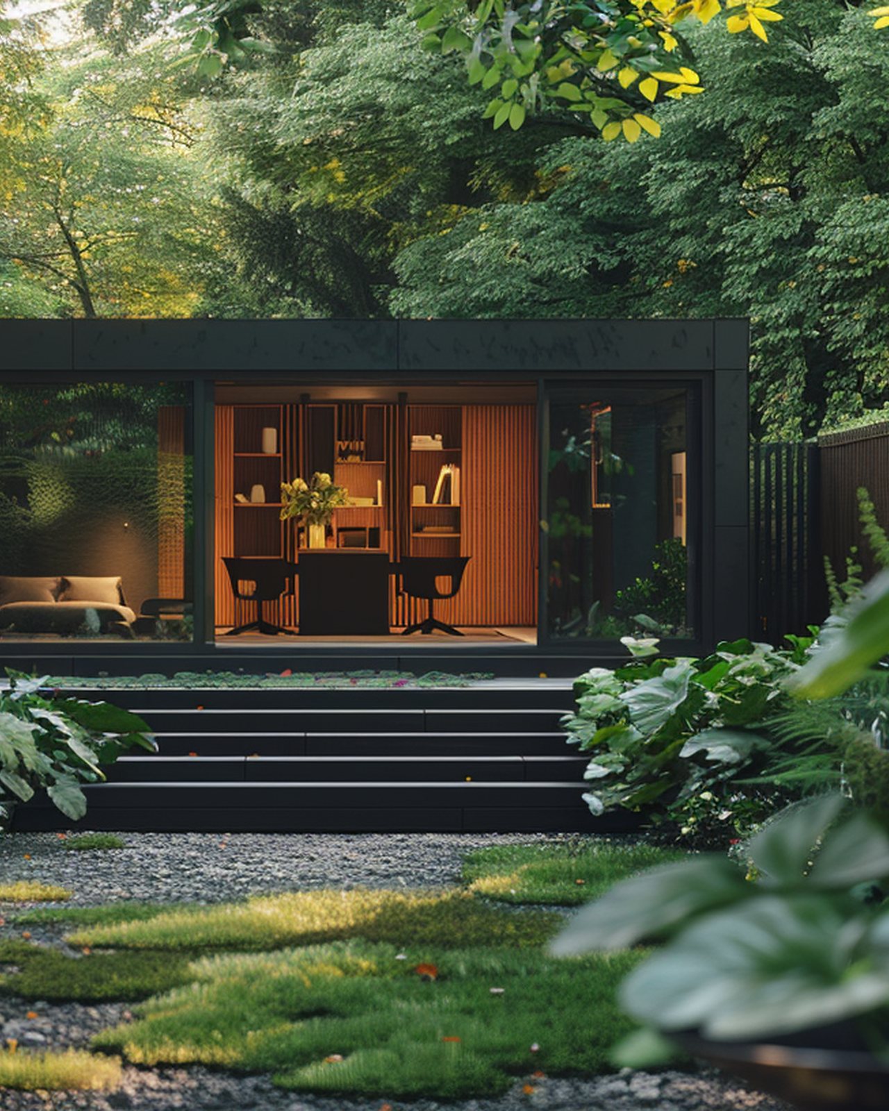 Black-framed garden room in a wooded setting showing the high-performance envelope